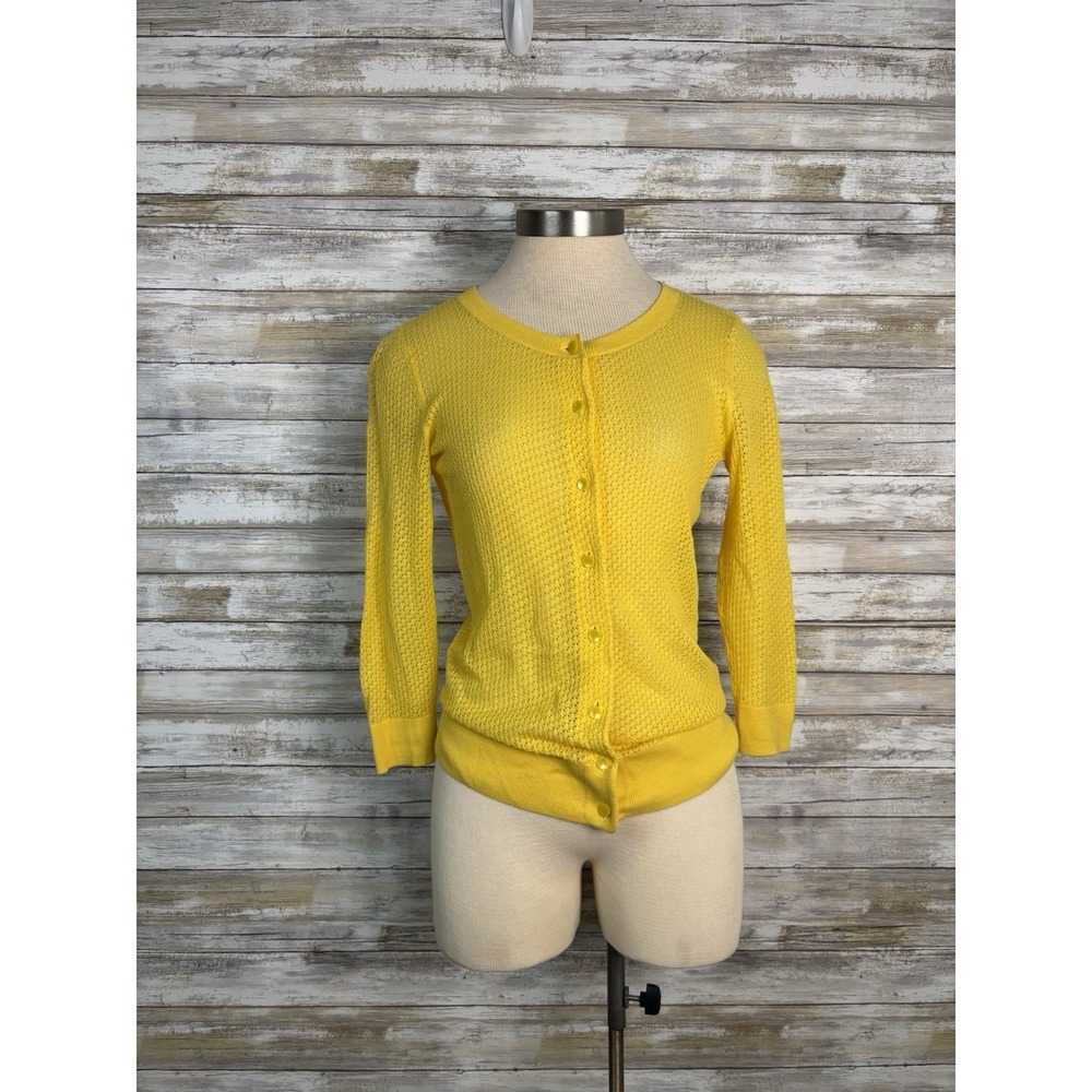 Talbots Cardigan Sweater P Petite Pima Cotton Yellow Open Knit Button Front